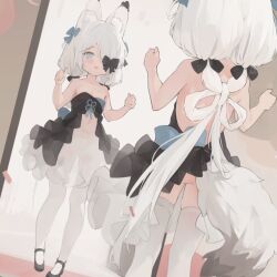  alternate_costume animal_ear_fluff animal_ears azur_lane balloon black_bow black_dress black_footwear blue_bow blue_eyes bow clothing_cutout dress female fox_ears fox_tail frilled_skirt frills hair_over_one_eye hairbow kasumi_(azur_lane) kasumi_1118 looking_at_mirror low_twintails manjuu_(azur_lane) mary_janes mirror navel_cutout open_mouth shoes skirt smile solo standing swept_bangs tail thighhighs twintails twintails_with_braided_base white_hair white_skirt white_thighhighs 