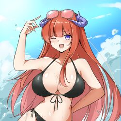  absurdres arknights arm_behind_back arm_up bagpipe_(arknights) bikini black_bikini blue_sky breasts cleavage cloud cloudy_sky collarbone commentary_request dragon_horns eyewear_on_head female front-tie_bikini_top front-tie_top highres horns large_breasts light_blush long_hair long_sleeves looking_at_viewer navel open_mouth orange_hair purple_eyes shirt sky smile solo swimsuit xibu_cai 