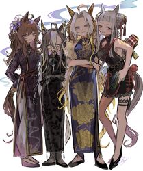  4girls absurdres adapted_costume ahoge animal_ears black_dress black_footwear black_hair blonde_hair blue_dress blue_eyes blunt_bangs breasts brown_hair china_dress chinese_clothes cleavage_cutout clothing_cutout commentary_request double_bun dream_journey_(umamusume) dress ear_covers glasses gold_ship_(run_revolt_launcher)_(umamusume) gold_ship_(umamusume) hair_bun hair_intakes high_heels highres holding holding_water_gun horse_ears horse_girl horse_tail kumo_(mokumoku_warabi) large_breasts long_hair long_sleeves looking_at_viewer multicolored_hair multiple_girls nakayama_festa_(umamusume) orange_hair orfevre_(umamusume) purple_dress purple_eyes signature single_ear_cover sleeveless sleeveless_dress tail umamusume water_gun white_hair 