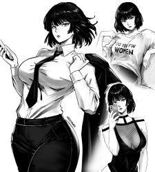  breasts cleavage clothes_writing fubuki_(one-punch_man) greyscale holding holding_phone looking_at_viewer miss_faves monochrome one-punch_man phone short_hair white_background 