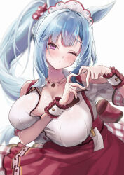  alternate_hairstyle bare_shoulders blue_hair blush breasts clothing_cutout commentary_request cosplay female heart heart_hands highres horse_girl horse_tail ines_fujin_(melty_gift)_(umamusume) ines_fujin_(umamusume) ines_fujin_(umamusume)_(cosplay) kitsune_yuki large_breasts long_hair looking_at_viewer mejiro_ardan_(umamusume) ponytail purple_eyes red_skirt shirt shoulder_cutout simple_background skirt solo tail umamusume white_background white_shirt 