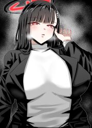  absurdres black_hair black_suit blue_archive breasts female halo highres large_breasts long_hair long_sleeves looking_at_viewer puffy_long_sleeves puffy_sleeves red_eyes red_halo rio_(blue_archive) smile suit upper_body woo_(woosan) 