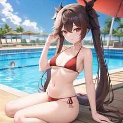  1girls ai_generated bikini brown_hair choclobollo female genshin_impact hu_tao_(genshin_impact) light_skin long_hair naked naked_female nude nude_female pool sitting small_breasts swimsuit twintails 