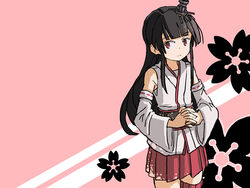  black_hair commentary detached_sleeves english_commentary female flat_chest floral_background floral_print fusou_(kancolle) fusou_kai_ni_(kancolle) hair_ornament japanese_clothes kantai_collection long_hair one-hour_drawing_challenge own_hands_clasped own_hands_together pleated_skirt red_eyes red_skirt sixten skirt solo standing 