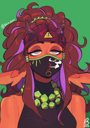  animal_ears brown_hair covered_mouth dark-skinned_female dark_skin eyeshadow eymbee female green_background green_eyes hair_ornament hair_scrunchie half-closed_eyes headband highres horn_ornament horn_piercing horn_ring horns jackalope_girl jackaye_(eymbee) jewelry makeup mask mouth_mask multicolored_hair necklace original purple_hair rabbit_ears scrunchie sidelocks sleeveless sleeveless_turtleneck solo streaked_hair turtleneck 