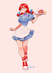  blue_eyes bow braid burger callan_(callancoe) commentary cup disposable_cup dress female food freckles french_fries full_body hairbow holding long_hair looking_at_viewer pink_background puffy_sleeves red_hair simple_background socks solo striped_clothes striped_dress striped_socks symbol-only_commentary tray twin_braids twintails vertical_stripes wendy&#039;s wendy_(wendy&#039;s) 