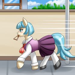  1:1 bangs blue_eyes blue_hair blue_tail blush bottomwear bread clothing coco_pommel_(mlp) earth_pony equid equine female feral food footwear friendship_is_magic hair half-closed_eyes hallway hasbro hi_res horse mammal mouth_hold my_little_pony narrowed_eyes pony ribbons running school_uniform shoes skirt solo tail tan_body toast uniform zachc 