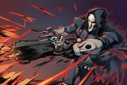  1boy black_coat claw_(weapon) coat film_grain firing gloves gun holding holding_gun holding_weapon hood hood_up hooded_coat lmin male_focus mask overwatch overwatch_1 reaper_(overwatch) shotgun_shell solo spikes tossing vambraces weapon 