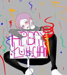  absurdres barefoot birthday black_legwear bleach blush confetti female forehead gift grey_background happy_birthday highres kusajishi_yachiru letter looking_at_viewer pink_eyes pink_hair poster_(object) short_hair sitting smile solo source_request spread_legs 