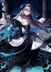  :o absurdres black_dress blue_butterfly blue_eyes blue_nails breasts bridal_gauntlets bug butterfly cape cleavage dress fate/grand_order fate_(series) female grey_hair hair_between_eyes hair_ornament highres holding holding_staff holding_weapon large_breasts long_hair looking_at_viewer misaki346 morgan_le_fay_(apex)_(fate) morgan_le_fay_(fate) official_alternate_costume solo staff very_long_hair weapon white_cape white_dress 