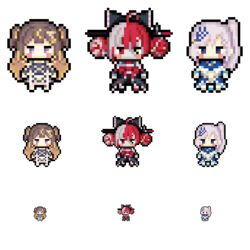  3girls anya_melfissa anya_melfissa_(1st_costume) black_bow blonde_hair blue_eyes bow brown_hair chibi double_bun grey_hair hair_bun heterochromia hololive hololive_indonesia holoro kureiji_ollie kureiji_ollie_(1st_costume) long_hair morinaga_kokoa multicolored_hair multiple_girls patchwork_skin pavolia_reine pavolia_reine_(1st_costume) pixel_art purple_eyes red_eyes sword transparent_background two-tone_hair two_side_up virtual_youtuber weapon yellow_eyes 