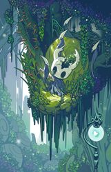  1other absurdres bush chinese_commentary clefs27 commentary_request cracked_mask fence grass green_theme grey_cloak highres hollow_knight impaled knight_(hollow_knight) lamppost mask nail_(hollow_knight) old_nail_(hollow_knight) overgrown plant solo thorns vines 