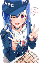  ;d absurdres bad_id bad_pixiv_id black_collar blue_hair blue_hat blue_jacket blue_nails blush collar commentary_request dolphin_hat_ornament double_v female fingernails fishnet_pantyhose fishnets hat hat_ornament highres jacket long_hair long_sleeves looking_at_viewer morumoru_x musical_note nail_polish nijisanji nishizono_chigusa nishizono_chigusa_(2nd_costume) oerba_yun_fang one_eye_closed open_mouth pantyhose purple_eyes simple_background sitting skin_fang smile solo spoken_musical_note thighs v virtual_youtuber white_background 