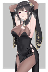  absurdres arm_behind_head armpits arms_up azur_lane black_dress black_flower black_hair black_rose bodystocking breasts chen_hai_(azur_lane) chen_hai_(vestibule_of_wonders)_(azur_lane) china_dress chinese_clothes cleavage cleavage_cutout clothing_cutout covered_navel detached_collar dress elbow_gloves female flower gloves grey_background hair_flower hair_ornament highres lace-trimmed_gloves lace_trim looking_at_viewer official_alternate_costume pelvic_curtain presenting_armpit purple_eyes rose simple_background sleeveless sleeveless_dress solo standing taut_clothes taut_dress tianyuyueguang tight_clothes tight_dress two-tone_background white_background 