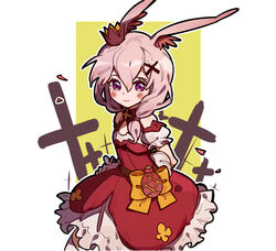  animal_ears bare_shoulders blush closed_mouth cross crown dress female fox_ears hair_between_eyes honkai_(series) honkai_impact_3rd looking_at_viewer meadow_(morphinecaca) pink_dress pink_eyes pink_hair side_ponytail simple_background smile solo theresa_apocalypse theresa_apocalypse_(sakuno_rondo) two-tone_background white_background yellow_background 