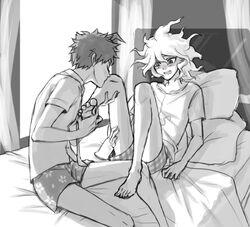  2boys ahoge bed bedroom blush collared_shirt couple danganronpa_(series) danganronpa_2:_goodbye_despair dress_shirt greyscale hinata_hajime holding_leg indoors kissing_leg komaeda_nagito male_focus male_underwear messy_hair monochrome multiple_boys necktie on_bed open_mouth pillow plaid print_shirt shirt short_hair short_sleeves sitting underwear yandr4hope yaoi 