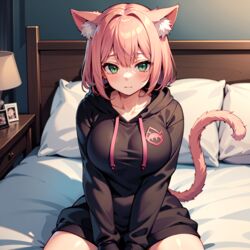  1girls ai_generated animal_ears bed bedroom black_hoodie cat_ears cat_tail green_eyes hoodie human lamp large_breasts light_skinned_female looking_at_viewer nai_diffusion neutral_expression nighttime no_pants picture_frame pillows pink_hair sitting stable_diffusion white_wall 