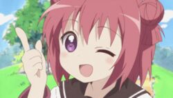  ;d ahoge akaza_akari animated animated anime_screenshot day double_bun female hair_bun heart index_finger_raised lowres mountain nanamori_school_uniform one_eye_closed open_mouth pond purple_eyes red_hair school_uniform serafuku sky smile solo tree winking_(animated) yuru_yuri yuru_yuri&#039;s_starting 