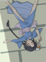  blue_kimono blush bokake braid closed_eyes commentary_request female flat_chest from_above hand_fan japanese_clothes kimono legs long_hair makimachi_misao rurouni_kenshin sleeping solo very_long_hair 