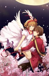  1boy :d artist_name blurry brown_hair cardcaptor_sakura cherry_blossoms choker commentary_request depth_of_field dress female formal hairband holding_hands k-rumi kinomoto_sakura kinomoto_sakura_(princess_costume) li_syaoran logo night open_mouth petals puffy_short_sleeves puffy_sleeves red_ribbon ribbon short_hair short_sleeves smile straight suit white_dress white_wings wings 