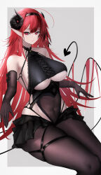  absurdres azur_lane black_gloves black_hairband black_horns black_skirt breasts brown_pantyhose center_frills chinese_commentary clothing_cutout commentary_request covered_navel cross-laced_clothes cross-laced_top curled_horns demon_girl demon_horns demon_tail e_baishui elbow_gloves female frills gloves grey_background hair_on_tail hairband heart_cutout highres hindenburg_(azur_lane) horns long_hair looking_to_the_side miniskirt o-ring o-ring_thigh_strap pantyhose pleated_skirt pointy_ears purple_eyes red_hair see-through simple_background sitting skindentation skirt slit_pupils solo tail thigh_strap underboob underboob_cutout very_long_hair 