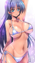  arm_behind_back arm_up armpit_crease artist_logo bikini bikini_tan blue_eyes blue_hair breasts cameltoe cowboy_shot dark-skinned_female dark_skin dated earrings female highres jewelry kamogawa_tanuki large_breasts long_hair looking_at_viewer micro_bikini navel o-ring o-ring_bikini original parted_lips pink_lips solo stomach string_bikini swimsuit tan tanlines teeth twitter_username upper_teeth_only white_bikini 