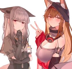  2girls animal_ear_fluff animal_ears annotated arknights bare_shoulders beanie black_gloves blush breasts brown_eyes brown_hair cleavage closed_mouth commentary_request cosplay ears_through_headwear fox_ears fox_girl fox_tail franka_(arknights) franka_(arknights)_(cosplay) frostleaf_(arknights) frostleaf_(arknights)_(cosplay) gloves grey_hair hand_on_own_chin hat headphones horns jacket large_breasts long_hair looking_at_viewer material_growth multiple_girls off_shoulder oripathy_lesion_(arknights) red_eyes red_jacket shirt simple_background smile solo suzubotan tail upper_body v white_background 