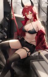  absurdres alternate_costume bikini black_bikini black_shorts female goddess_of_victory:_nikke gun highres horns jacket maviss_03 mechanical_horns navel o-ring o-ring_bikini o-ring_top open_clothes open_jacket red_hood_(nikke) red_jacket rifle short_shorts shorts sniper_rifle solo swimsuit weapon 