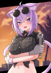  absurdres ahoge animal_ears breasts cat_ears cat_tail crossed_arms eyewear_on_head female gloves highres holding holding_wrench hololive large_breasts midriff navel nekomata_okayu oerba_yun_fang purple_eyes purple_hair shirt sunglasses tail tied_shirt tkc_(user_snjd8547) twilight virtual_youtuber white_gloves wrench 