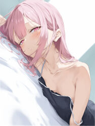  blush breasts camisole collarbone commentary female haamon_(harmon) highres kotonoha_akane long_hair looking_at_viewer lying on_stomach parted_lips pink_eyes pink_hair small_breasts solo strap_slip upper_body voiceroid 