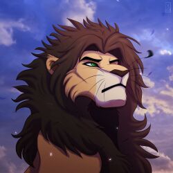  1:1 black_hair black_mane blue_sky cloud felid feral green_eyes grimhild_(artist) hair kodiak_(kodiak079) lion looking_at_another male mammal mane pantherine pose proud purple_sky serious_face sky solo star sunset wind 