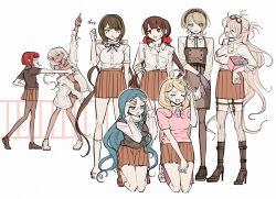  6+girls ^_^ adapted_costume ahoge akamatsu_kaede alternate_costume alternate_universe annoyed antenna_hair apron barbed_wire bare_arms bare_legs bead_bracelet bead_necklace beads belt belt_buckle bikini black_apron black_belt black_bra black_choker black_footwear black_hairband black_ribbon black_sash black_shirt black_vest blonde_hair blue_hair blunt_bangs bob_cut boots bow box bra bracelet breasts brown-framed_eyewear brown_footwear brown_hair brown_skirt buckle buttons chabashira_tenko choker cleavage clenched_teeth closed_eyes collarbone collared_shirt cross-laced_footwear danganronpa_(series) danganronpa_v3:_killing_harmony dark-skinned_female dark_skin dress_shirt eyelashes eyes_visible_through_hair flying_sweatdrops frilled_bikini frills full_body glasses gloves goggles goggles_on_head green_eyes green_hairband grey_pantyhose hair_between_eyes hair_ornament hair_over_one_eye hair_scrunchie hairband hairbow hairclip hand_on_lap hand_on_own_head hand_on_own_hip hand_up hands_on_own_head happy harukawa_maki high_heel_boots high_heels highres holding holding_box holding_gloves holding_unworn_clothes hope&#039;s_peak_academy_school_uniform iruma_miu jewelry knee_boots kneehighs kneeling knees lace-trimmed_bra lace-trimmed_hairband lace_trim large_breasts long_hair long_sleeves looking_at_another low_twintails messy_hair miniskirt mole mole_under_eye mole_under_mouth morning_(d0nteat) multiple_belts multiple_girls musical_note musical_note_hair_ornament neck_ribbon necklace nervous_smile o-ring o-ring_belt open_mouth pantyhose pink_shirt pleated_skirt pointing pointing_up purple_gloves purple_socks railing red_hair red_scrunchie ribbon round_eyewear rubber_gloves sandals sash school_uniform scrunchie shell shell_necklace shirogane_tsumugi shirt shoe_belt shoes short_hair short_sleeves sidelocks single_bare_shoulder single_glove skirt sleeves_rolled_up smile sneakers socks standing stiletto_heels striped_clothes striped_thighhighs swimsuit teeth thigh_belt thigh_strap thighhighs tojo_kirumi tools twintails underwear upper_teeth_only uwabaki vertical-striped_clothes vertical-striped_thighhighs very_long_hair vest waist_ribbon waist_sash wavy_hair white_background white_bikini white_bow white_footwear white_hair white_raincoat white_shirt white_socks white_thighhighs wrench yellow_footwear yonaga_angie yumeno_himiko 