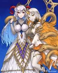  2girls absurdres blonde_hair blue_background blue_eyes bodystocking breasts collarbone colored_inner_hair curled_horns detached_sleeves dress facial_mark fire_emblem fire_emblem_heroes freyja_(fire_emblem) goat_horns grey_hair grimaisbestwaifu gullveig_(fire_emblem) hair_between_eyes highres holding_hands horns large_breasts long_hair long_sleeves looking_at_viewer mixed-language_commentary multicolored_hair multiple_girls pale_skin red_eyes red_horns signature simple_background single_horn snake snake_hair swept_bangs two-tone_hair very_long_hair white_dress yellow_eyes 