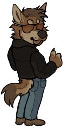  2024 alpha_channel anthro astrayd0g black_clothing black_jacket black_topwear blue_bottomwear blue_clothing blue_jeans blue_pants bottomwear brown_body brown_clothing brown_footwear brown_fur brown_hair brown_nose brown_shoes brown_tail canid canine canis clothed clothing coyote dawg_(astrayd0g) denim denim_bottomwear denim_clothing digital_media_(artwork) dingo domestic_dog eyewear footwear fully_clothed fur german_shepherd gesture glasses hair hand_gesture herding_dog hybrid intersex jacket jeans looking_at_viewer male mammal pants pastoral_dog rear_view shoes simple_background solo standing tail tan_body tan_fur thumbs_up tongue tongue_out topwear transparent_background 