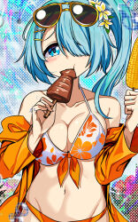  bare_shoulders bikini blue_archive blue_eyes blue_hair blush breasts commentary_request corn eyewear_on_head female food groin highres hiyori_(blue_archive) holding holding_food ikayaki jacket large_breasts long_hair looking_at_viewer medium_hair mismatched_bikini navel off_shoulder orange_jacket side_ponytail solo stomach sunglasses swimsuit yasume_yukito 