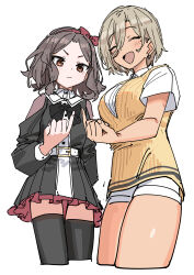  2girls :d absurdres arm_behind_back belt belt_buckle black_bow black_bowtie blush bow bow_hairband bowtie breasts buckle closed_eyes closed_mouth clothing_cutout collared_dress collared_shirt cropped_legs dark-skinned_female dark_skin dress earrings ebizuka_tomo fingernails from_below frown girls_band_cry grey_dress grey_hair grey_thighhighs hairband hairbow haruyuki_(gffewuoutgblubh) highres jewelry large_breasts light_brown_hair long_sleeves looking_at_viewer looking_down mole mole_under_eye multiple_girls open_mouth orange_eyes parted_bangs petticoat pinky_out raised_eyebrows red_bow red_hairband rupa_(girls_band_cry) shirt short_dress short_hair short_shorts short_sleeves shorts shoulder_cutout simple_background small_breasts smile sweater_vest thick_thighs thighhighs thighs v-shaped_eyebrows white_background white_belt white_shirt white_shorts yellow_sweater_vest zettai_ryouiki 