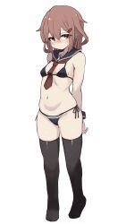  adapted_costume bikini black_bikini black_sailor_collar black_thighhighs breasts brown_eyes brown_hair detached_collar female full_body highres ikazuchi_(kancolle) kantai_collection necktie red_necktie sailor_collar short_hair side-tie_bikini_bottom simple_background small_breasts solo swimsuit textless_version thighhighs unagiman white_background 