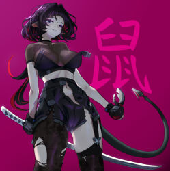  absurdres animal_ears black_gloves black_hair black_pantyhose black_shorts black_thighhighs breasts chaciooh cleavage cowboy_shot crop_top female gloves highleg_shorts highres holding holding_sword holding_weapon jane_doe_(zenless_zone_zero) large_breasts long_hair midriff mouse_ears mouse_girl mouse_tail multicolored_hair navel pantyhose parted_lips purple_background red_hair see-through see-through_cleavage shorts single_leg_pantyhose single_thighhigh solo sword tail thighhighs thighs torn_clothes torn_pantyhose torn_shorts torn_thighhighs translation_request two-tone_hair weapon zenless_zone_zero 