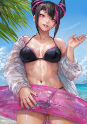  beach bikini black_bikini black_hair blue_eyes breasts cowboy_shot female highres horn-shaped_hair jacket juri_han medium_breasts miche multicolored_hair ocean palm_tree purple_eyes purple_hair see-through see-through_jacket solo streaked_hair street_fighter swim_ring swimsuit tree two-tone_hair wet wet_jacket white_jacket 