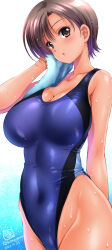  arm_behind_back armpit_crease artist_logo blue_one-piece_swimsuit breasts brown_eyes brown_hair cleavage competition_swimsuit covered_navel cowboy_shot dark-skinned_female dark_skin dated drying female groin hand_up highleg highleg_one-piece_swimsuit highres holding holding_towel kamogawa_tanuki large_breasts looking_at_viewer one-piece_swimsuit one-piece_tan original parted_lips short_hair solo swimsuit tan tanlines towel twitter_username wet 