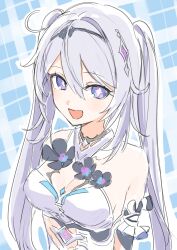  :d absurdres ahoge bare_shoulders blue_background blue_eyes dress female grey_hair hair_intakes highres honkai_(series) honkai_impact_3rd kiana_kaslana kiana_kaslana_(herrscher_of_finality) long_hair looking_at_viewer open_mouth plaid_background roena smile solo twintails upper_body very_long_hair white_dress 