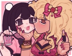  2girls aegyo_sal animal_print black_eyes black_hair black_skirt blonde_hair border bow bra bra_peek bracelet breasts brown_eyes cleavage commentary curly_hair eyelashes felicattpspspsp gyaru hairbow hand_on_another&#039;s_chin hand_on_another&#039;s_head high-waist_skirt highres jewelry jirai_kei kissing kissing_cheek large_breasts leopard_print lipstick lipstick_mark looking_at_viewer makeup mixed-language_commentary monster_energy multiple_bracelets multiple_girls nail_art nail_polish necklace open_mouth original outline pearl_necklace pink_background pink_bow pink_lips pink_nails pink_outline pink_shirt profile rectangular_mouth self-harm_scar shirt simple_background skirt tiger_print twintails underwear upper_body wavy_mouth white_border white_outline yuri 