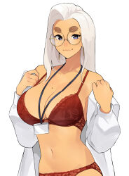  blue_eyes bra breasts cleavage closed_mouth commentary english_commentary female glasses highres id_card june_(squeezable) lanyard large_breasts long_hair looking_at_viewer mole mole_on_breast mole_under_eye navel open_clothes open_shirt original panties red_bra red_panties round_eyewear shirt smile solo squeezable_(squeezabledraws) thick_eyebrows underwear white_hair white_shirt 