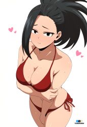  artist_name bikini black_eyes black_hair boku_no_hero_academia breasts cleavage fanbox_logo female highres large_breasts looking_at_viewer navel pixiv_logo pout red_bikini solo sweat swimsuit tsuranukko twitter_x_logo yaoyorozu_momo 