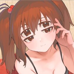  :3 bad_id bad_twitter_id blush borrowed_character breasts brown_eyes brown_hair camisole cleavage closed_mouth collarbone cropped extra_eyes female grey_camisole hair_bobbles hair_ornament half-closed_eyes hand_up hotomura_(muramura69) large_breasts looking_at_viewer medium_hair original solo spaghetti_strap tucking_hair twintails upper_body yomeko_(koiso) 