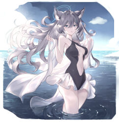  absurdres alternate_costume animal_ear_fluff animal_ears black_one-piece_swimsuit blue_archive broken_halo commentary cross cross_hair_ornament dark_halo extra_ears female grey_hair hair_ornament halo highres inverted_cross mismatched_pupils navel one-piece_swimsuit shiroko_(blue_archive) shiroko_terror_(blue_archive) solo swimsuit wolf_ears wolf_girl zxcould23 