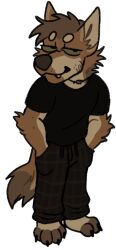  alpha_channel anthro arm_tuft astrayd0g barefoot black_clothing black_shirt black_t-shirt black_topwear bottomwear brown_bottomwear brown_clothing brown_hair brown_nose brown_pants brown_sclera brown_toes canid canine canis circle_eyebrows clothed clothing countershading coyote dawg_(astrayd0g) dingo domestic_dog elbow_tuft eyebrows fangs feet full-length_portrait fully_clothed german_shepherd hair half-closed_eyes hands_in_both_pockets herding_dog hindpaw hybrid jewelry male mammal narrowed_eyes necklace pants pastoral_dog paws portrait shirt simple_background smile solo standing t-shirt tan_body tan_countershading tan_eyebrows tan_inner_ear teeth topwear transparent_background tuft 