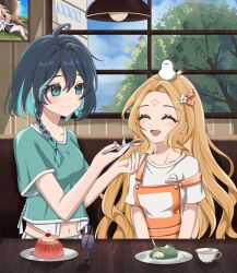  2girls :d ^_^ aqua_eyes benghuai_xueyuan black_hair blonde_hair blue_hair braid closed_eyes colored_inner_hair crop_top cup facial_mark forehead forehead_mark green_shirt highres honkai_(series) indoors leidizouxiangtiankong midriff multicolored_hair multiple_girls navel open_mouth orange_overalls overalls shirt short_hair short_sleeves single_braid smile teacup totori_(benghuai_xueyuan) wendy_(honkai_impact) white_shirt window 