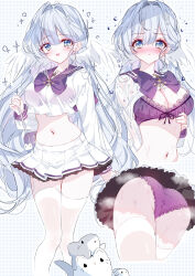  absurdres alternate_costume animal ass bag bow bow_bra bra breasts cleavage commentary_request crop_top crop_top_overhang feline female highres honkai:_star_rail honkai_(series) long_sleeves medium_breasts multiple_views navel panties pleated_skirt puffy_long_sleeves puffy_sleeves purple_bow purple_bra purple_panties purple_sailor_collar rabbit robin_(honkai:_star_rail) sailor_collar school_bag school_uniform see-through serafuku shark shirt skirt tandohark thighhighs underwear white_cat white_shirt white_skirt white_thighhighs 