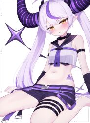  absurdres asatsuki933 barcode barcode_tattoo belt blush collar demon_horns female grey_hair highres hololive horns huge_horns la+_darknesss la+_darknesss_(4th_costume) large_horns long_hair looking_at_viewer metal_collar multicolored_hair multiple_thigh_straps navel official_alternate_costume official_alternate_hair_length official_alternate_hairstyle pointy_ears purple_belt purple_hair purple_horns purple_stripes shorts smile solo streaked_hair striped_horns tattoo thigh_belt thigh_strap twintails virtual_youtuber yellow_eyes 